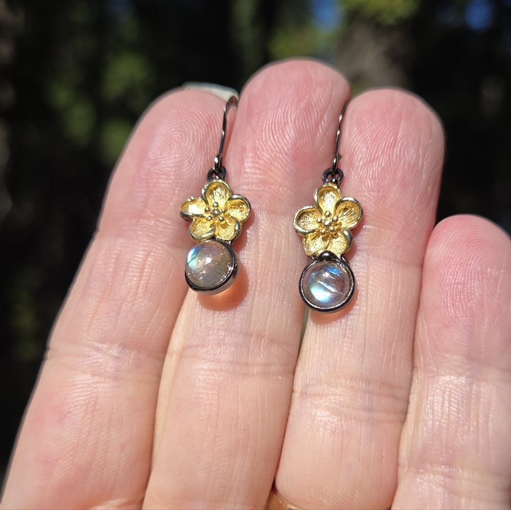 Laboradorite 1k Natural Sterling Rhodium & Gold Cherry Blossom Earrings - Picture 2 of 10